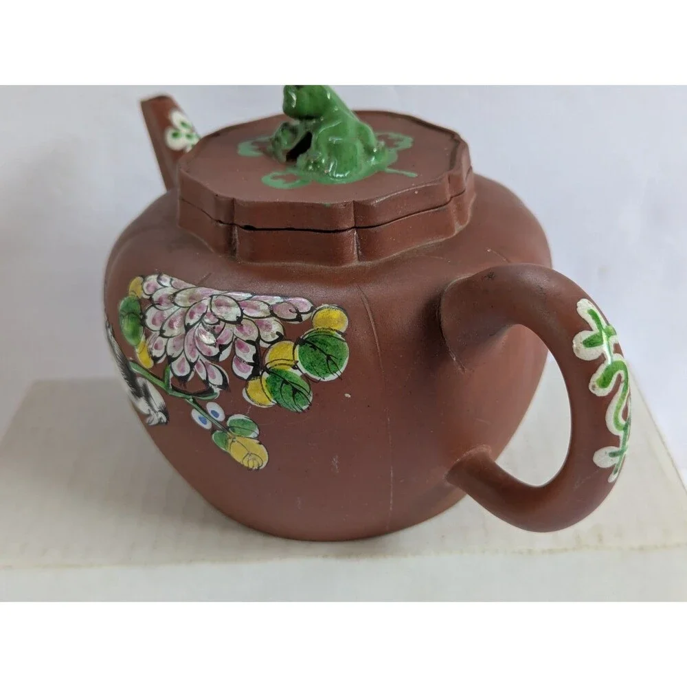 Vtg Yixing Zisha Clay Teapot W/ Enamel Floral & Bird Design 5